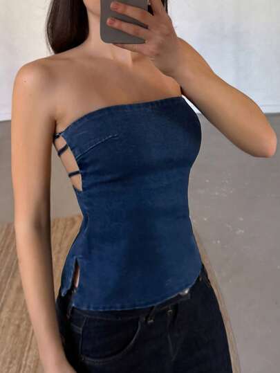 DAZY 夏季女士休闲侧开衩露背抹胸牛仔上衣