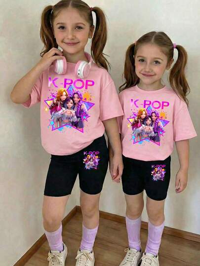 Young Girl KPOP Printed Short Sleeve T-Shirt And Shorts Casual Set