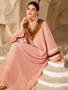 SHEIN Najma Đầm dài tay in họa tiết batik sang trọng dành cho nữ - Hồng - Xem 2