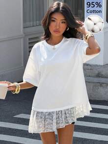 Muchica Áo thun nữ tay ngắn dáng rộng, phối ren tương phản, viền bèo nhún. - trắng - Xem 1