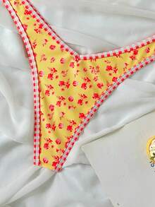 Swim Mod 2件套随机花卉印花金色圆盘装饰挂脖三角文胸和高衩丁字裤性感比基尼泳衣套装，春夏款 - 彩色 - 查看 5