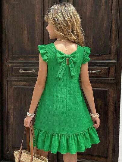 Tween Girls' Spring/Summer Vacation Beach Tropical 3D Bow Round Neck Sleeveless Ruffle Cap Sleeve Sweet Spring Style Mid-Length Dress