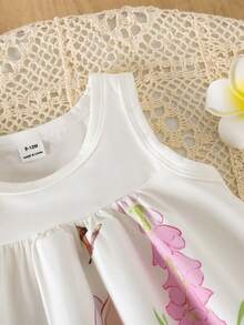 SHEIN Playful Pals Baby Girls' Cute Rabbit & Floral Print Sleeveless Dress, Spring/Summer - White - View 6