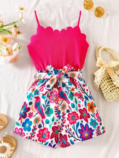 Sparklyn Mono de niña preadolescente con estampado floral y parches, con cintura anudada