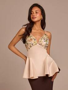 COSMINA Women's Elegant Sequin Floral Embroidery Patchwork Waist Tie Camisole, V-Neck Orange Floral Summer Fashion Top For Holiday Dinner Party, Classy Tops - Multicolor - View 1