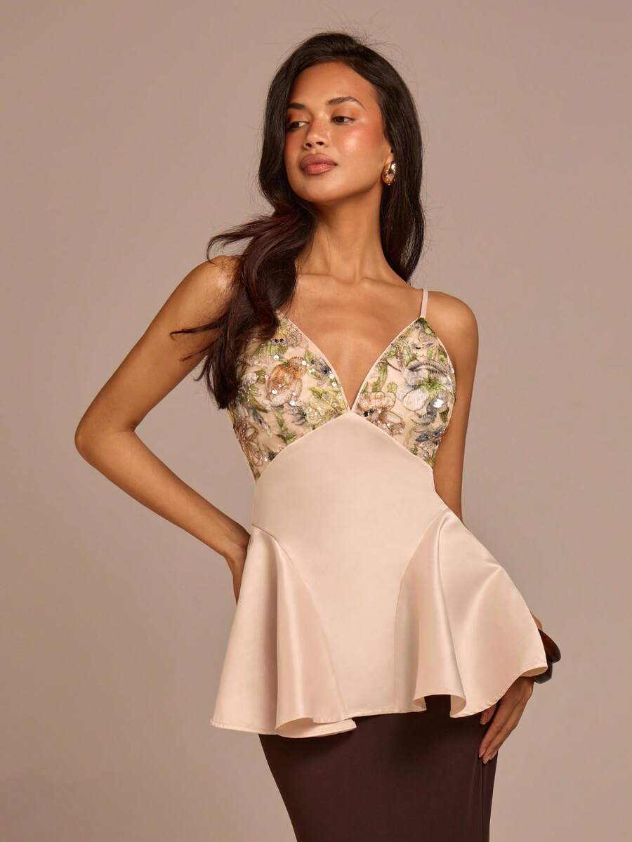 COSMINA Women's Elegant Sequin Floral Embroidery Patchwork Waist Tie Camisole, V-Neck Orange Floral Summer Fashion Top For Holiday Dinner Party, Classy Tops - Multicolor - View 1