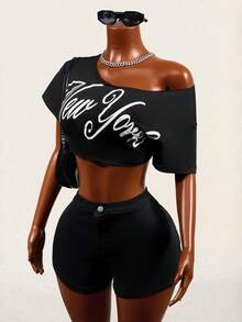 Mistrie 性感不对称露肩宽松短款女式上衣 - 黑色 - 查看 8