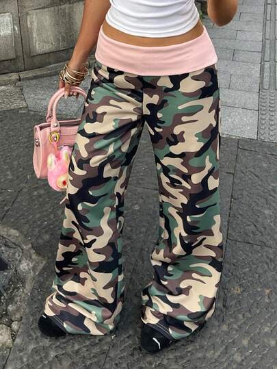 Coolane Women's Summer Rave Outfit Streetwear Y2k Casual  Music Festival Graphics Camouflage Print Contrast Waistband Low Rise Flare Pants
