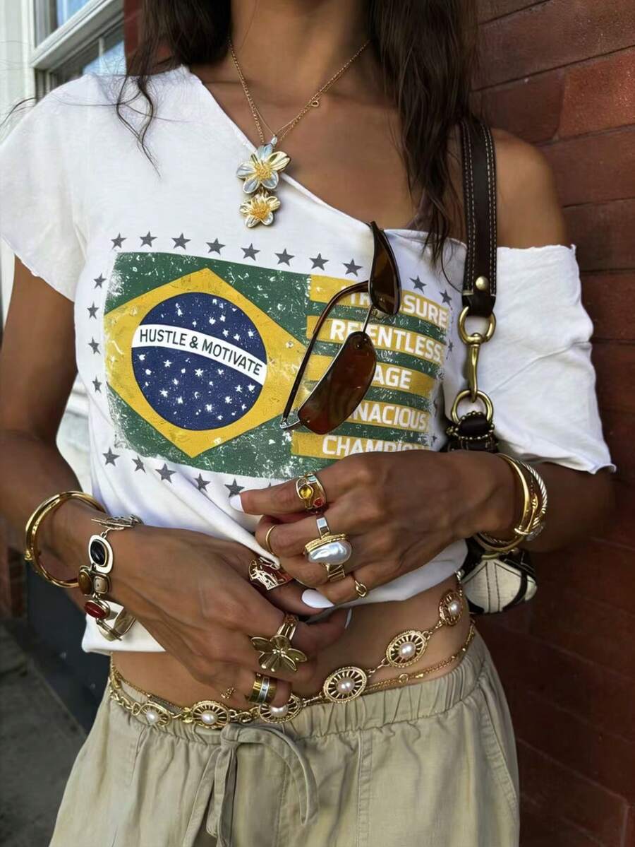 INAWLY Áo thun nữ tay ngắn dáng lửng bất đối xứng in hình cờ, phong cách thường ngày. - trắng - Xem 1