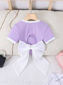 Kleine Mädchen Einfarbig Gestrickt Figurbetont Kurzes Rückenfrei T-Shirt mit Organza Oversized Schleife Dekor, Modisch Französisch Elegant, Schulanfang, Y2K, Süß & Coole Lady Stil - Mauve - Übersicht 4