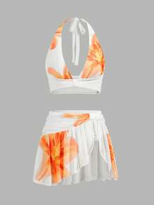 Sweetina Women's Y2k Going Out Vacation Floral Print Halter Crop Top And Low-Waist Floral Print Mini Skirt Set, Hawaii Ibiza Outfit - Yellow - View 10