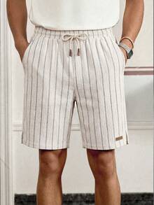 SWAVVY 男士条纹抽绳腰带休闲百搭日常短裤 - 杏色 - 查看 3