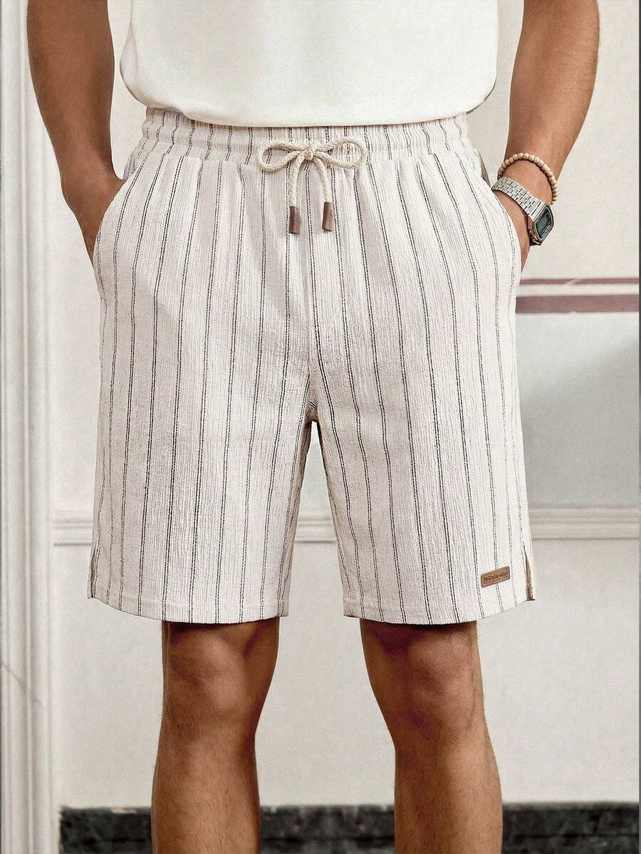 SWAVVY 男士条纹抽绳腰带休闲百搭日常短裤 - 杏色 - 查看 1