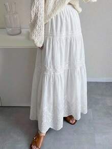 FRIFUL 女士撞色蕾丝长款喇叭裙 - 白色 - 查看 2