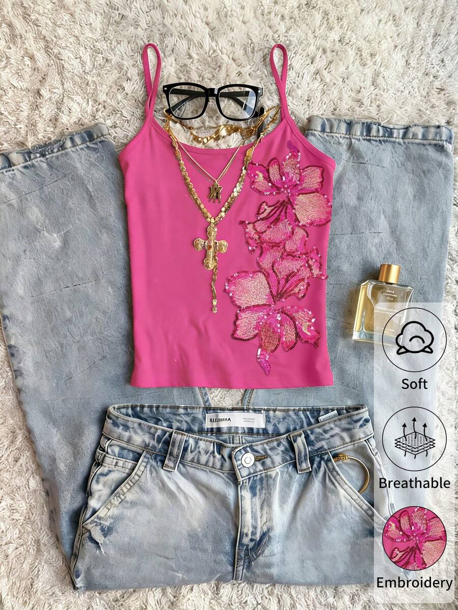 Glimmora Camiseta de tirantes con estampado floral casual para mujer - Rosa Fucsia - Ver 1