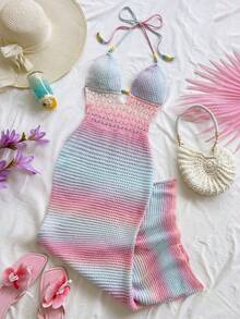 Soleia Women's Vacation Casual Backless Halter Knit Dress Crochet Maxi Dress Summer Maxi Dress Beach Maxi Dress Crochet Dress Vacation Dress In Fall/Winter - Multicolor - View 1