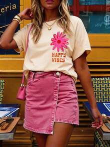 DrmWander Women's T-Shirt, Casual Street Style Graphic Short Sleeve T-Shirt, Cute Summer Top - Apricot - View 2