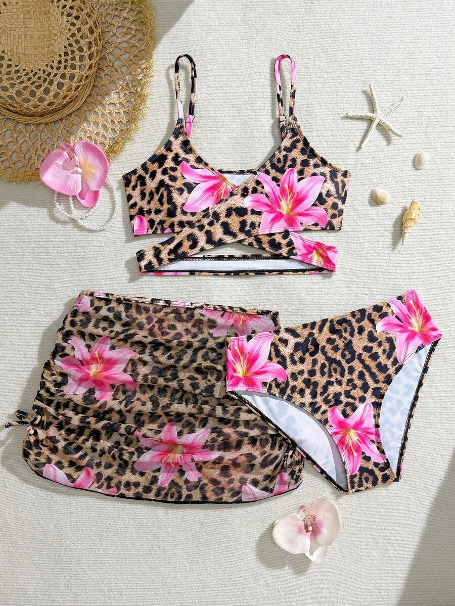 SHEIN 少女三件套泳衣：豹纹和花卉印花比基尼，含罩衫和裙子，印花图案随机 - 彩色 - 查看 1