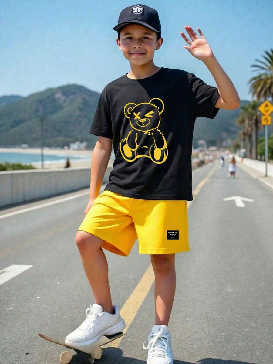 男童新款休闲简约可爱卡通熊图案撞色运动风宽松舒适圆领短袖T恤，适合春夏穿着 - 彩色 - 查看 1