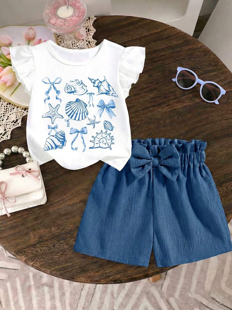 2pcs/Set Girls Toddler Summer New Round Neck Cap Sleeve Marine Life Graphic T-Shirt And Casual Straight Shorts With Bow Front Cute Outfit - Multicolor - View 1