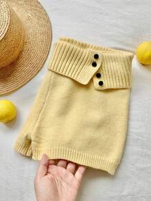 Comfortcana Women's Low-Rise Knit Shorts With Button Details And Rolled-Up Cuffs, Suitable For Spring And Summer. - Pale Yellow - View 5