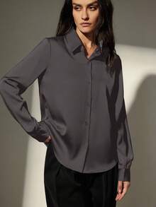 Aveloria Modichic Solid Color Button Down Long Sleeve Shirt Holiday Party Clothes Button Up Shirt Women  - Black - View 4