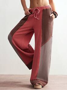 Bohemela Women's Casual Knit Patchwork Loose Straight Leg Pants - Pink - View 2