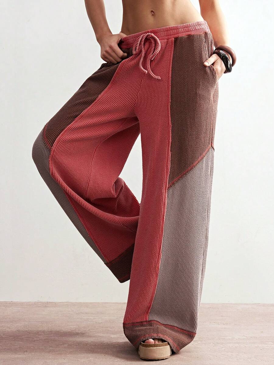Bohemela 女士休闲针织拼接宽松直筒裤 - 粉色 - 查看 1