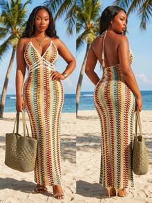 SHEIN SXY Plus Size Teal Boho Summer Beach Holiday Long Slip Dress,Yellow Woolen Fabric Contrasting Colors Embellishments,Elegant Casual Bohemian Slim Fit Dress - Multicolor - View 7