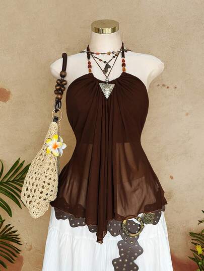 Sunspun Plus Size Casual Beaded Neckline Sleeveless Top