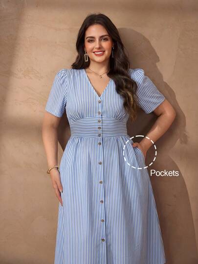 Chikora Vestido casual de oficina de talla grande para mujer, elegante, de mezcla de lino y algodón con cuello en V