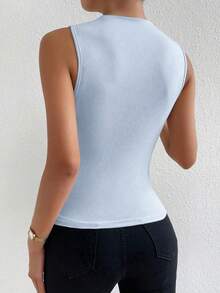 SHEIN PETITE Camiseta sin mangas con cuello alto y pliegues para mujer, color negro - Azul - Ver 2