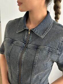 SHEIN 前拉链，翻领，修身牛仔连衣裙 - 灰色 - 查看 5