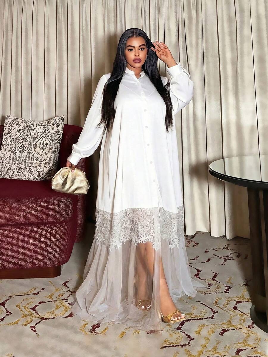 Maweii Plus Size Women Casual Vacation Daily Cardigan With Button, Ruffle Hem & Mesh Splice, Loose & Comfortable A-Line Dress - White - View 1