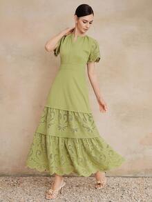 Anewsta 春夏新款法式浪漫优雅粉色镂空刺绣V领短袖高腰A字连衣裙，女装 - 綠色 - 查看 3