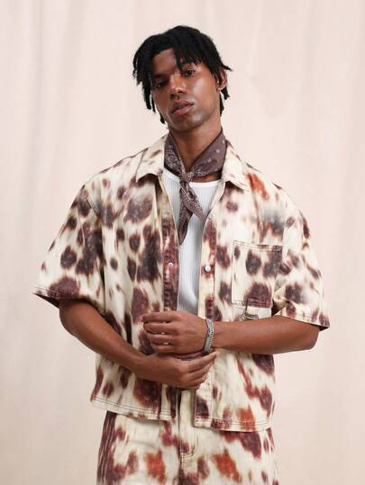 SUMWON Mens Oversized Tie Dye Denim Button Down Shirt With Point Collar Short Sleeve Casual Streetwear Summer Spring