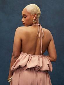 Textured Woven Bubble Hem Open Back Halter Top - Dusty Pink - View 5