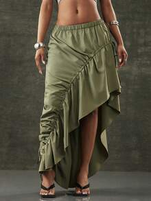 Denimoi Asymmetrical Hem Adjustable Drawstring Skirt Fashionable Streetwear - Olive Green - View 2
