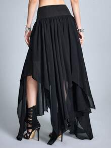 ROMWE Goth Metal Rivet Asymmetric Hem Maxi Skirt - Black - View 6