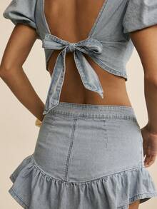 Conjunto de top corto de mezclilla estructurado con mangas de pétalo y falda mini con volantes en la cintura alta, conjunto de prendas de primavera y verano para mujer - Lavado ligero - Ver 5
