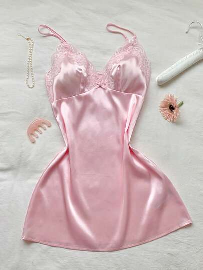 Comfortcana Women's Elegant Solid Color Lace Patchwork Camisole Mini Dress