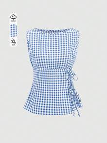 Elamini Retro Plaid Round Neck Design Sense College Style Sexy Girl Sleeveless Shirt, Summer New Tie-Up Slim Fit Delicate Sweet Girl Vibe Women Blouse - Blue - View 2