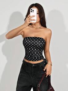 SHEIN PETITE 女士休闲简约Y2K黑白波点印花褶皱系带露脐上衣，哥特风，适合外出穿着，裹身式上衣 - 黑色 - 查看 5