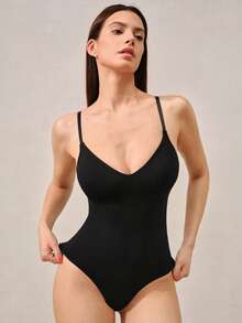 Veilyse 1pc Women's Minimalist Slimming Jumpsuit, Slim Waistline, Korean Style, Suitable As Layering Piece For Carnival Outfits, Tummy Control Bodysuitsfor Summer - Black - View 10