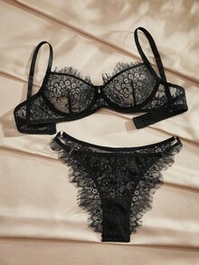 PinupPomp 1 chiếc quần lót nữ màu đen ren gợi cảm với viền lông mi, thiết kế thon gọn, kiểu tam giác đa năng. - màu đen - Xem 5