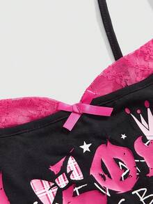 ROMWE Kawaii 美式甜辣性感印花蕾丝拼接女式背心 - 黑色 - 查看 3