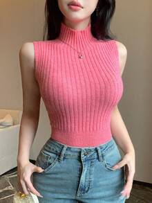 DAZY Women's Solid Color Stand Collar Sleeveless Fitted Elegant Sweater - Pink - View 6