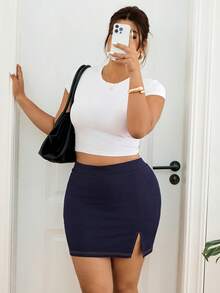 SHEIN Frenchy تنورة ضيقة مع شق عالي وحافة ملفوفة مقاس كبير للربيع - أزرق بحري - مشاهدة 5