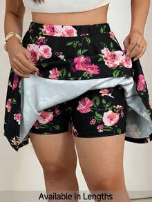 SHEIN Tall CURVE Falda-pantalón con estampado floral bohemio de talla grande para mujer, con bolsillos, para vacaciones - Negro - Ver 1