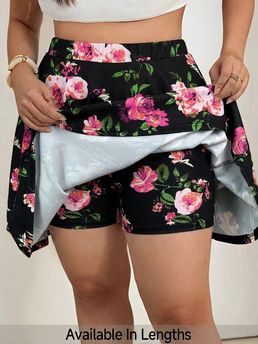 SHEIN Tall CURVE Falda-pantalón con estampado floral bohemio de talla grande para mujer, con bolsillos, para vacaciones - Negro - Ver 1